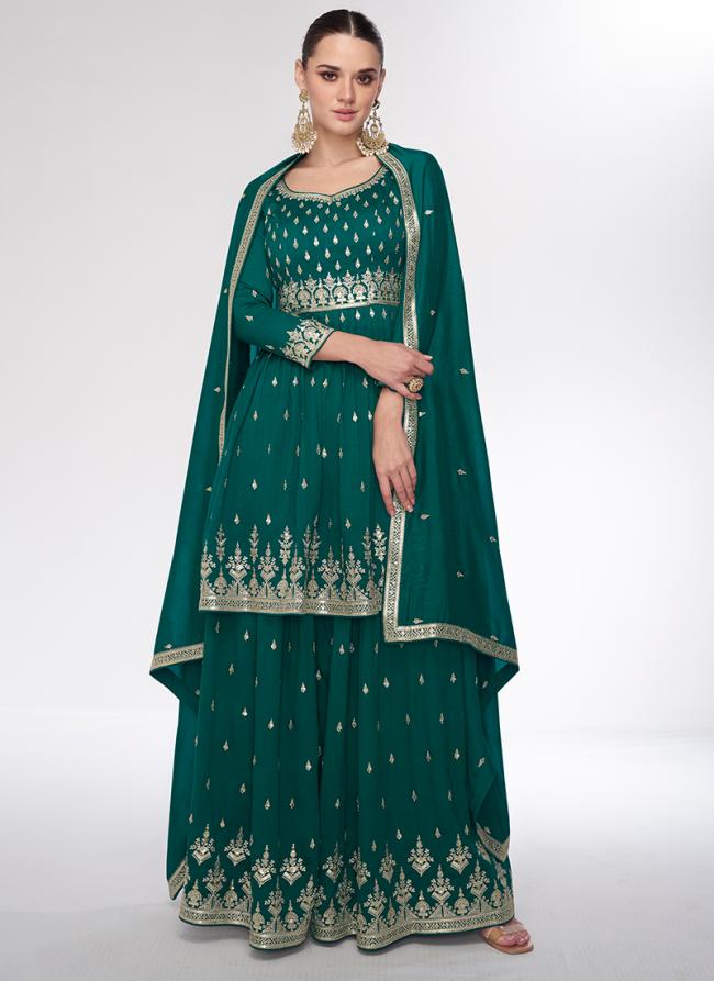 Silk Bottle Green  Wedding Wear Embroidery Work Readymade Sharara Suit